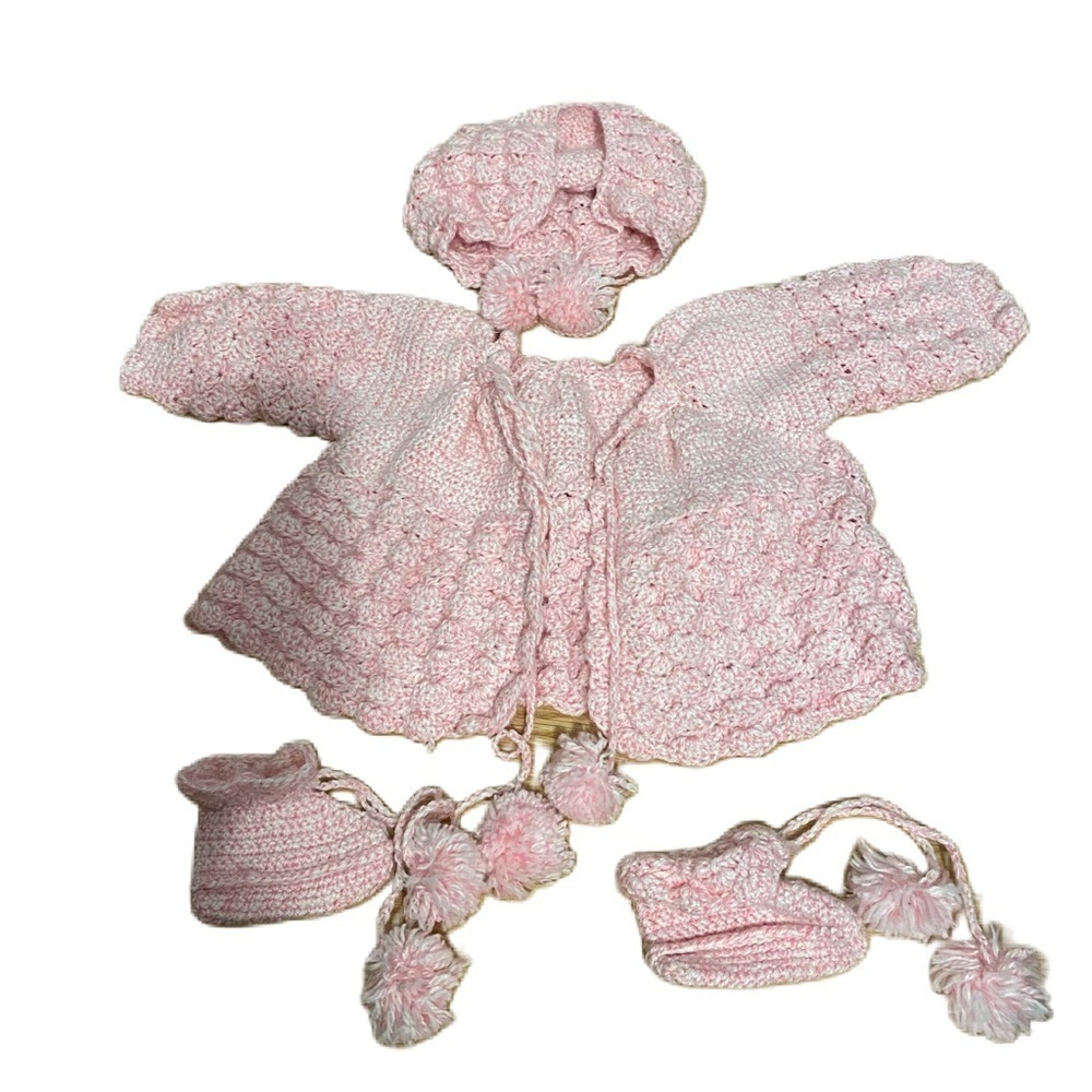 Hand Crochet Pink Sweater Hat Booties Set Bundle Outfit Baby Girl 6 mos and up